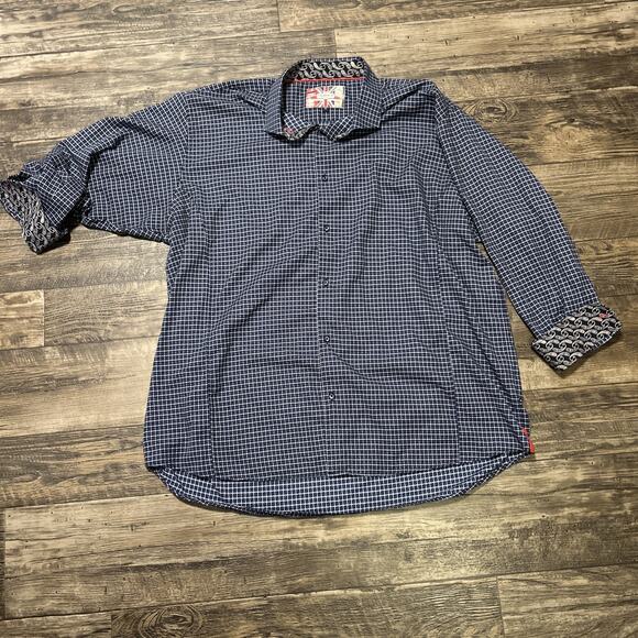 7 Downie Men’s Button Down Shirt Contrast Cuff Size 3X Blue Plaid Textured - Picture 2 of 9